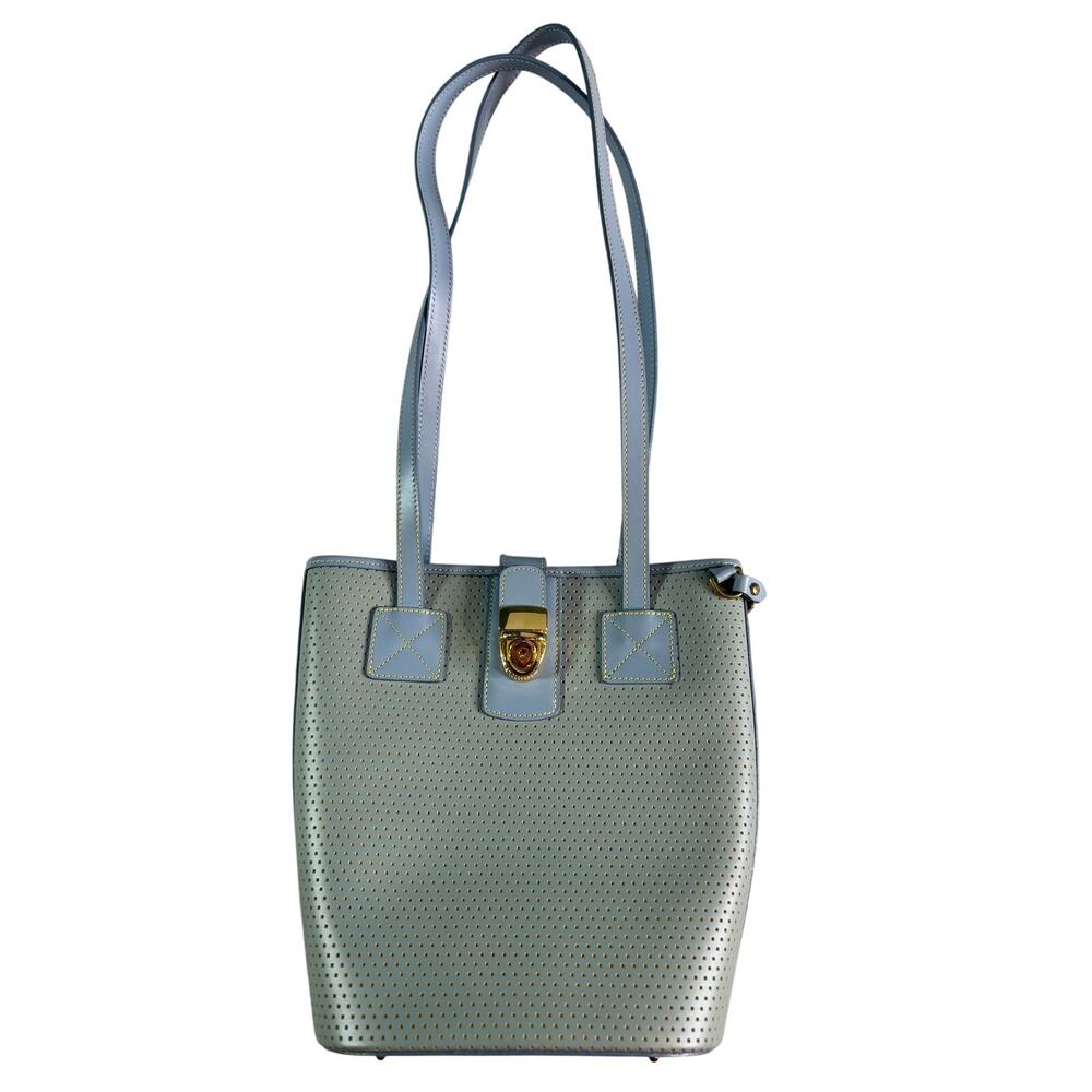 VTG Dooney & Bourke USA Blue Perforated Leather Bucket Tote Shoulder Bag Gold